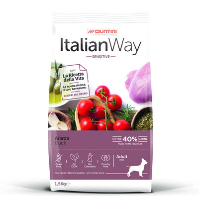картинка Беззерновой корм Italian Way для собак малых пород с чувствительным пищеварением со свежей уткой (ITALIAN WAY MINI SENSITIVE DUCK) от зоомагазина Кандибобер