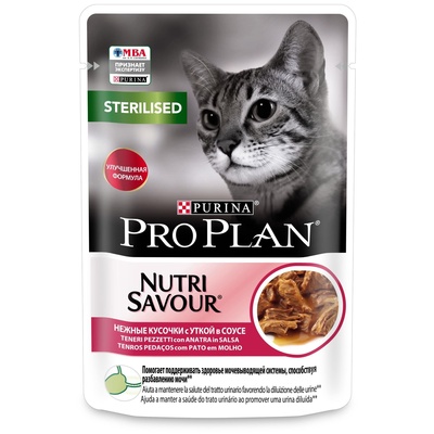 картинка Purina Pro Plan (паучи) Nutri Savour для взрослых стерилизованных кошек и кастрированных котов, с уткой в соусе от зоомагазина Кандибобер
