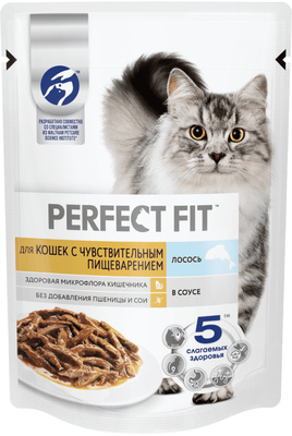 картинка Влажный корм Perfect Fit для кошек с чувствительным пищеварением с лососем в соусе от зоомагазина Кандибобер