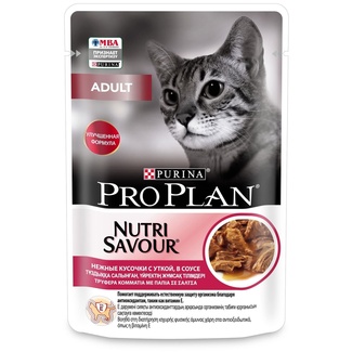 картинка Purina Pro Plan (паучи) влажный корм Nutri Savour для взрослых кошек, нежные кусочки с уткой в соусе от зоомагазина Кандибобер