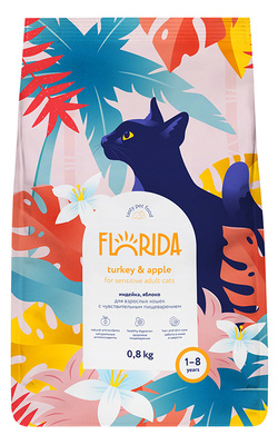 картинка Сухой корм FLORIDA для взрослых кошек с чувствительным пищеварением с индейкой и яблоком от зоомагазина Кандибобер