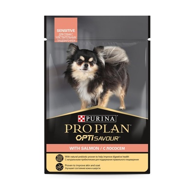 картинка Purina Pro Plan (паучи) паучи для взрослых собак с чувствительным пищеварением: кусочки в соусе с лососем от зоомагазина Кандибобер