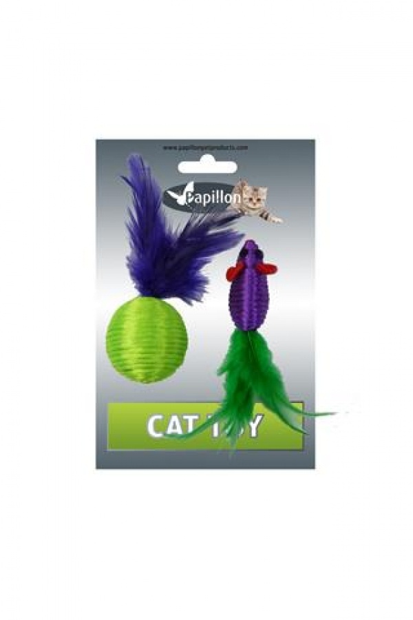 картинка Игрушка для кошек "Мышка и мячик с перьями" 5+4см, нейлон от зоомагазина Кандибобер