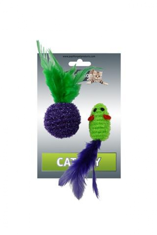 картинка Игрушка для кошек "Мышка и мячик с перьями" 5+4см, двуцветные от зоомагазина Кандибобер