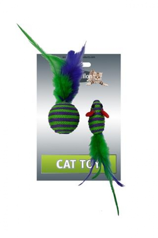 картинка Игрушка для кошек "Мышка и мячик с перьями" 5+4см, вязанные от зоомагазина Кандибобер