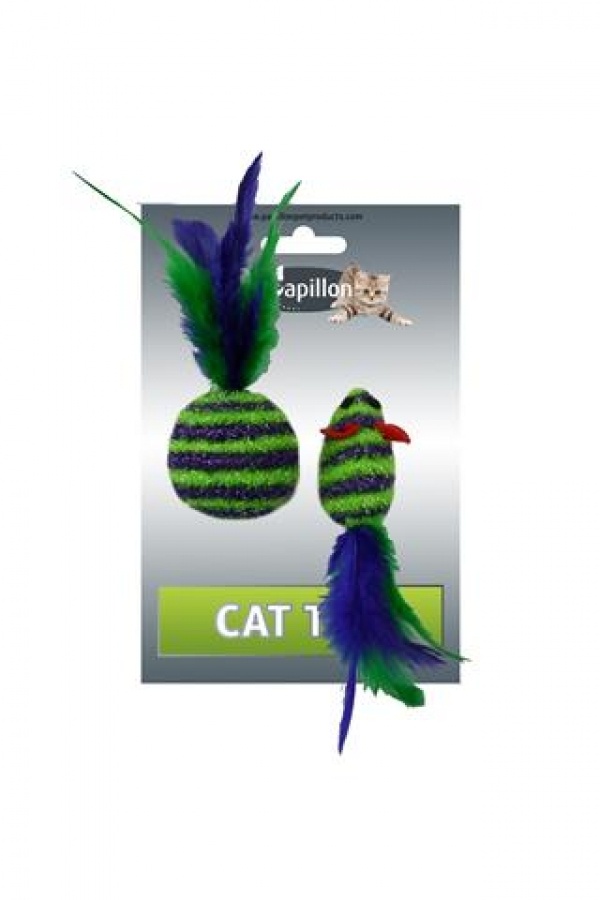 картинка Игрушка для кошек "Мышка и мячик с перьями" 5+4см пушистые в полоску от зоомагазина Кандибобер