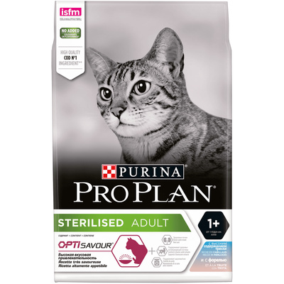 картинка Корм Purina Pro Plan для стерилизованных кошек и кастрированных котов, с высоким содержанием трески и c форелью от зоомагазина Кандибобер